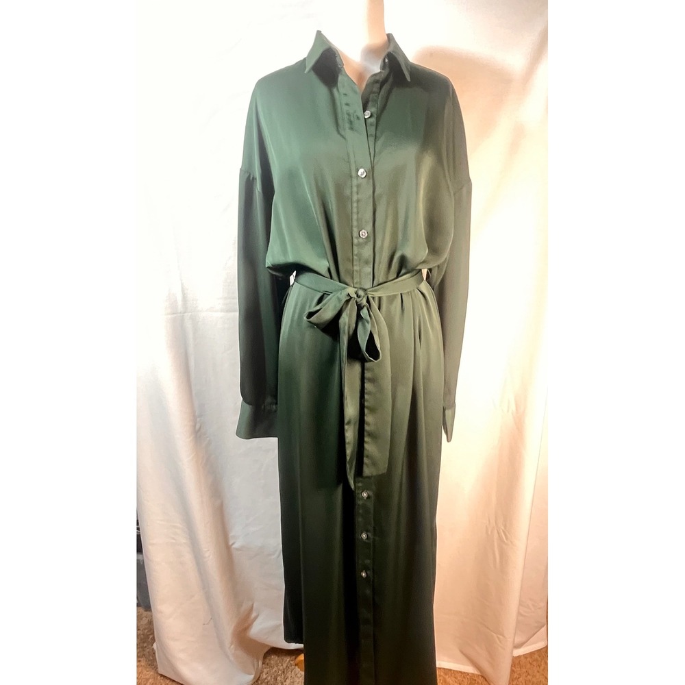 Banana Republic Hunter Green Satin Shirt Midi Dress Tie Waist Old Money Size L